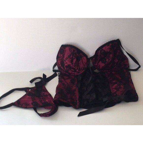 Vtg Native Intimates Coreset & Thong Lingerie Black Maroon Lace Black Ribbon 34B - Picture 5 of 9